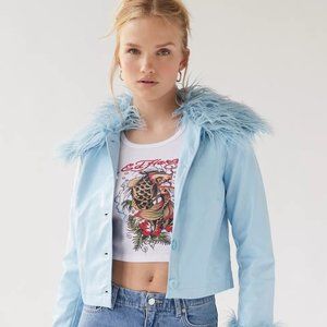 NWT UO Urban Outfitters Mia Faux Fur Trim Jacket in Light Blue XS
